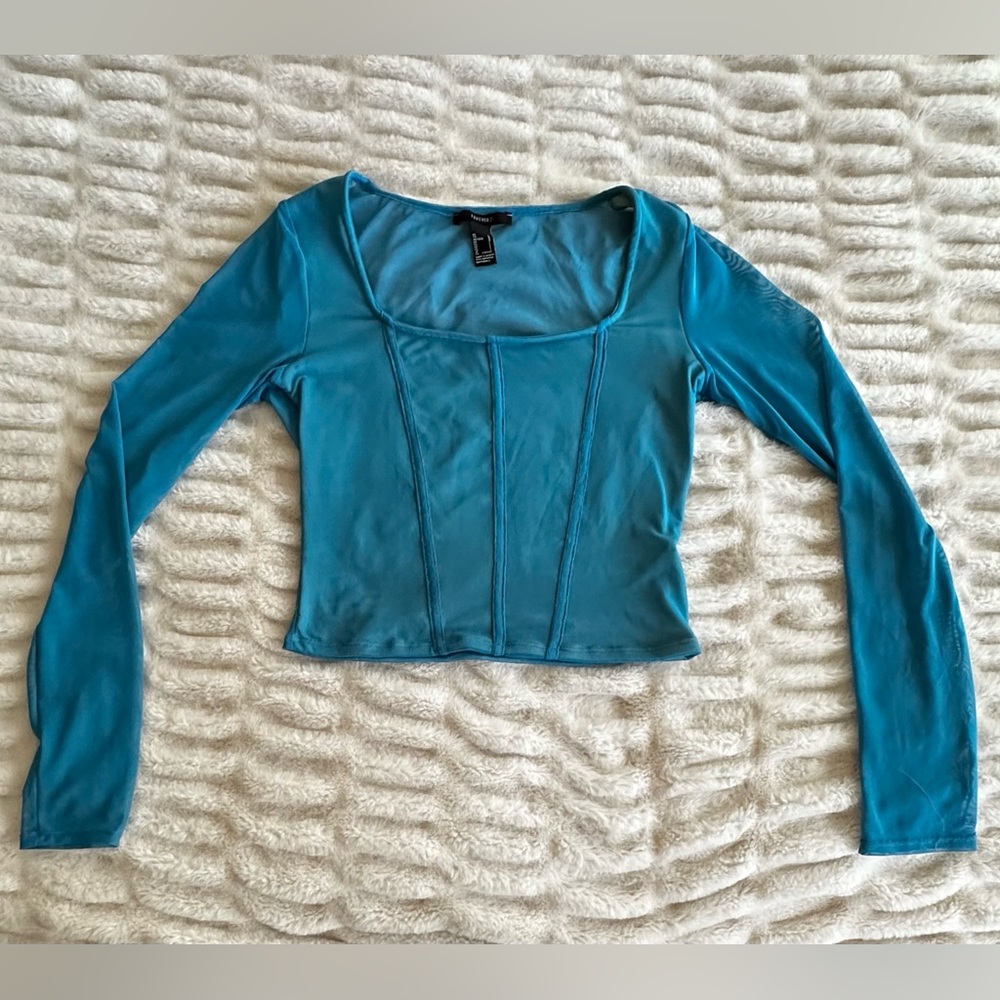 forever 21 ★ blue sheer mesh corset-style seamed long sleeve top [large]